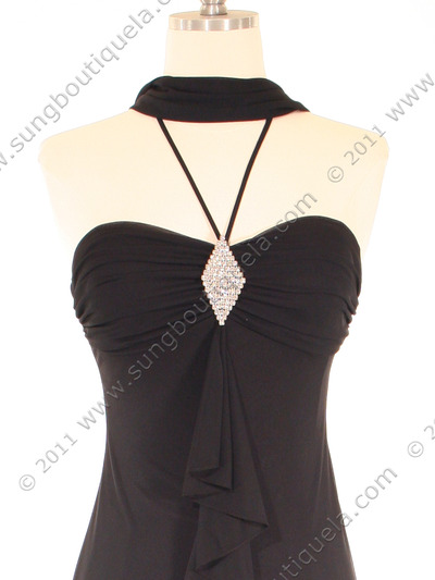 7020 Black Halter Cocktail Dress with Rhinestone Brooch - Black, Alt View Medium
