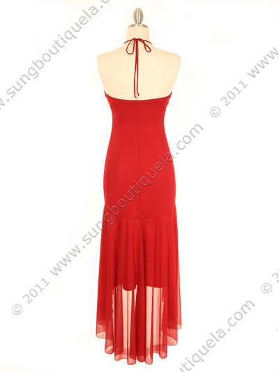 7020 Red Halter Cocktail Dress with Rhinestone Brooch - Red, Back View Medium