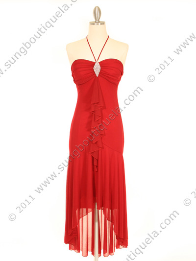 7020 Red Halter Cocktail Dress with Rhinestone Brooch - Red, Front View Medium