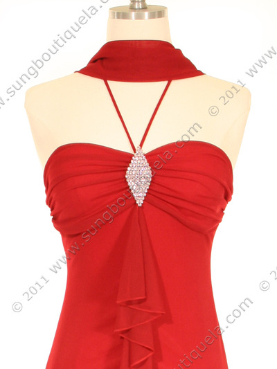 7020 Red Halter Cocktail Dress with Rhinestone Brooch - Red, Alt View Medium