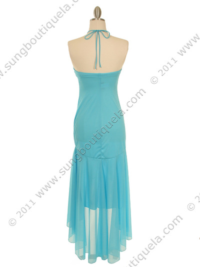 7020 Turquoise Halter Cocktail Dress with Rhinestone Brooch - Turquoise, Back View Medium