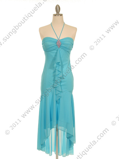 7020 Turquoise Halter Cocktail Dress with Rhinestone Brooch - Turquoise, Front View Medium