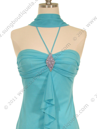 7020 Turquoise Halter Cocktail Dress with Rhinestone Brooch - Turquoise, Alt View Medium