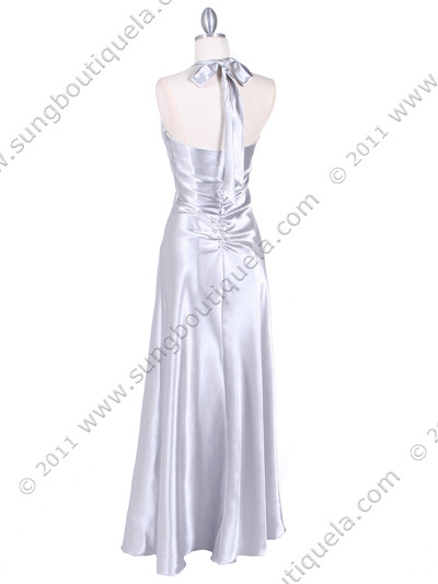 7023 Silver Satin Halter Evening Dress - Silver, Back View Medium