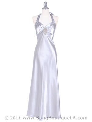 7023 Silver Satin Halter Evening Dress, Silver