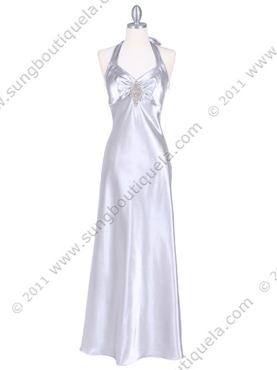 7023 Silver Satin Halter Evening Dress - Silver, Front View Medium