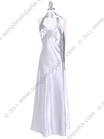 7023 Silver Satin Halter Evening Dress - Silver, Alt View Medium