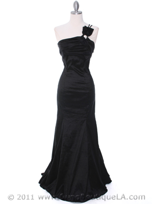 7063 Black One Shoulder Taffeta Evening Dress with Bow, Black