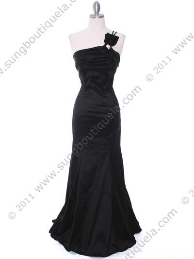 7063 Black One Shoulder Taffeta Evening Dress with Bow - Black, Front View Medium