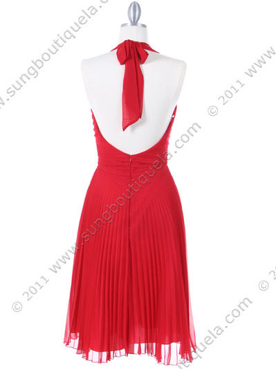 7067 Red Halter Cocktail Dress - Red, Back View Medium