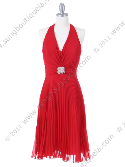7067 Red Halter Cocktail Dress - Red, Front View Medium