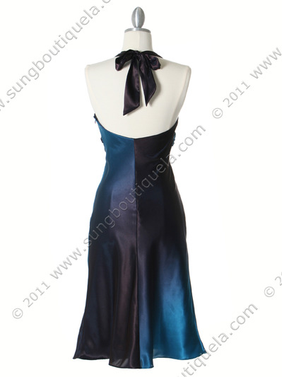 7068 Blue 2-tone Halter Cocktail Dress - Blue, Back View Medium