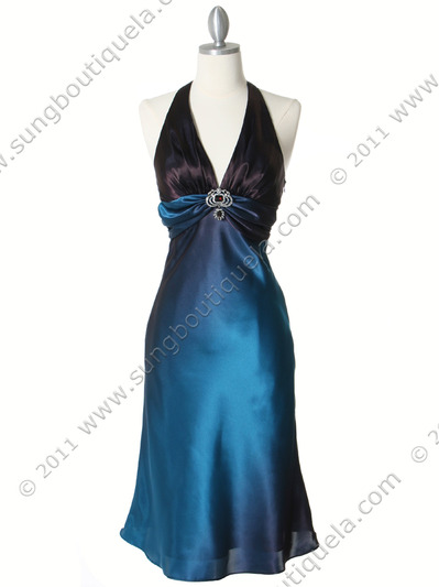7068 Blue 2-tone Halter Cocktail Dress - Blue, Front View Medium
