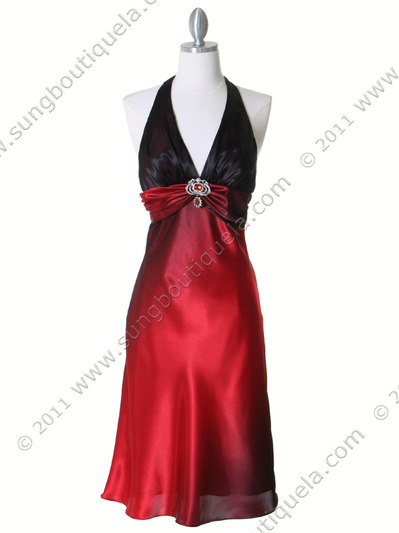 7068 Red 2-tone Halter Cocktail Dress - Red, Front View Medium