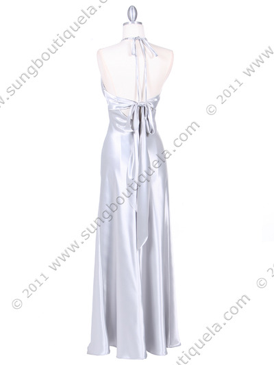 7072 Silver Satin Evening Dress with Rhinestone Strap - Silver, Back View Medium
