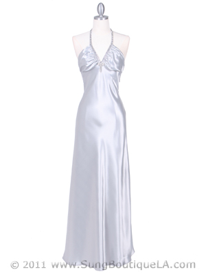 7072 Silver Satin Evening Dress with Rhinestone Strap, Silver