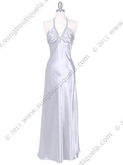 7072 Silver Satin Evening Dress with Rhinestone Strap - Silver, Front View Medium