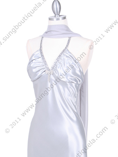 7072 Silver Satin Evening Dress with Rhinestone Strap - Silver, Alt View Medium