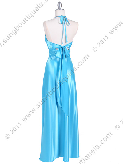 7072 Turquoise Satin Evening Dress with Rhinestone Strap - Turquoise, Back View Medium