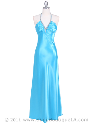 7072 Turquoise Satin Evening Dress with Rhinestone Strap, Turquoise