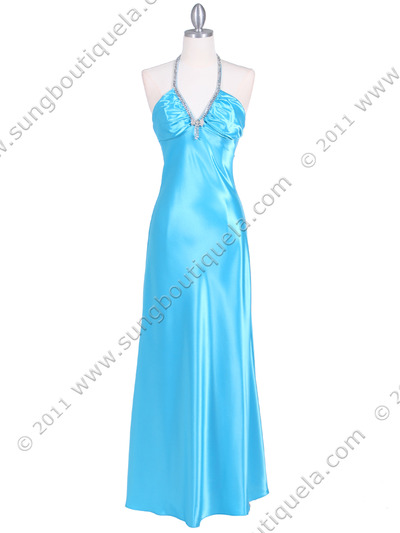 7072 Turquoise Satin Evening Dress with Rhinestone Strap - Turquoise, Front View Medium