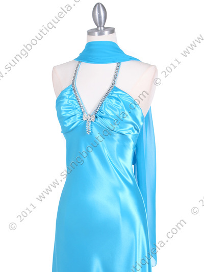 7072 Turquoise Satin Evening Dress with Rhinestone Strap - Turquoise, Alt View Medium