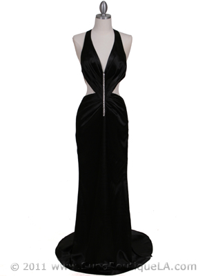 7077 Black Satin Halter Evening Dress, Black