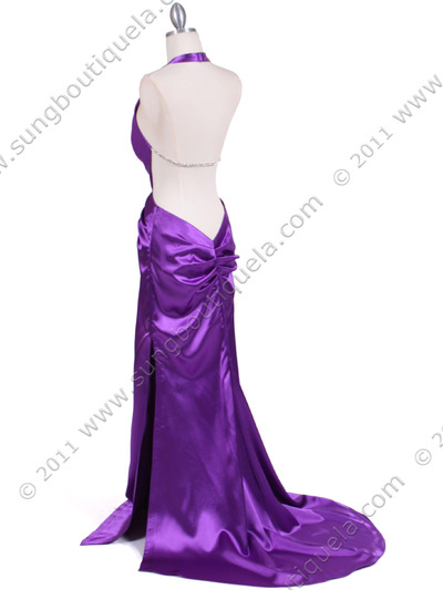 7077 Purple Satin Halter Evening Dress - Purple, Back View Medium