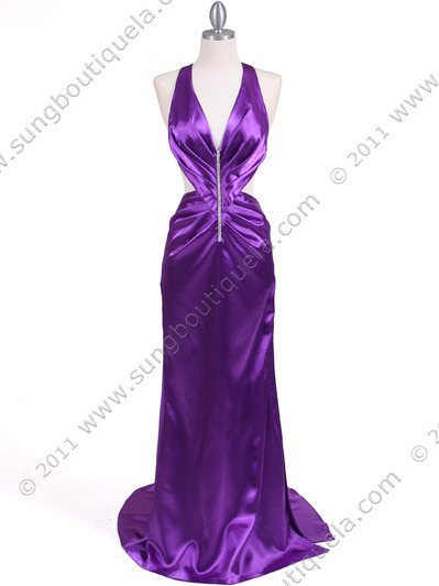 7077 Purple Satin Halter Evening Dress - Purple, Front View Medium