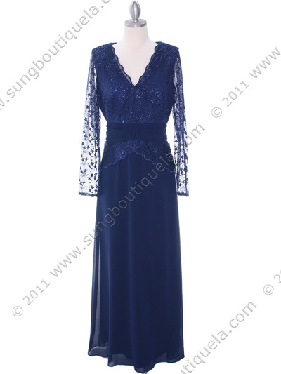 709 Navy Long Sleeve Mother of The Bride Dress - Navy, Front View Medium
