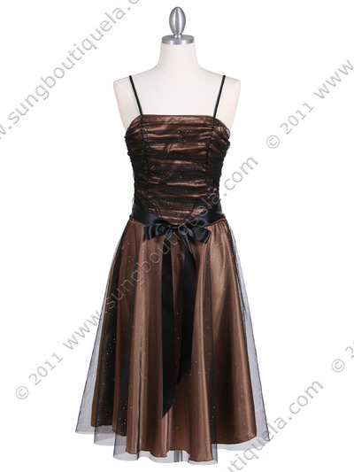 7109 Black/Gold Glitter Tea Length Dress - Black Gold, Front View Medium