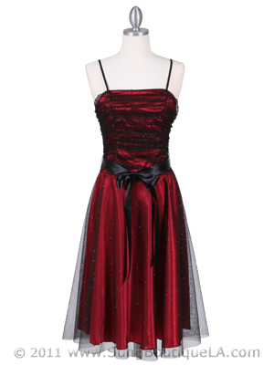 7109 Black/Red Glitter Tea Length Dress, Black Red