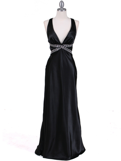 7120 Black Satin Evening Dress - Black, Front View Medium