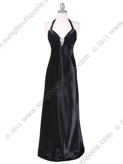 7121 Black Satin Evening Gown - Black, Front View Medium