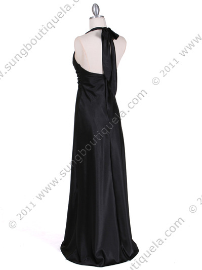 7122 Black Satin Halter Evening Gown - Black, Back View Medium