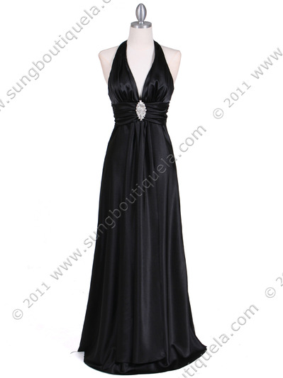 7122 Black Satin Halter Evening Gown - Black, Front View Medium