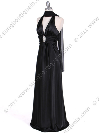 7122 Black Satin Halter Evening Gown - Black, Alt View Medium