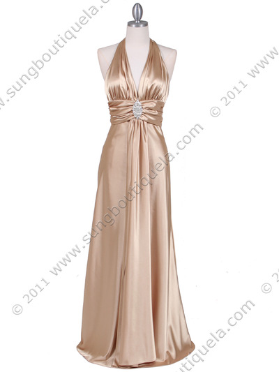 7122 Gold Satin Halter Evening Gown - Gold, Front View Medium