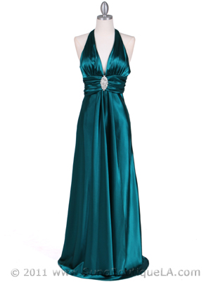 7122 Green Satin Halter Evening Gown, Green