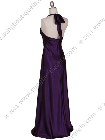 7122 Purple Satin Halter Evening Gown - Purple, Back View Medium