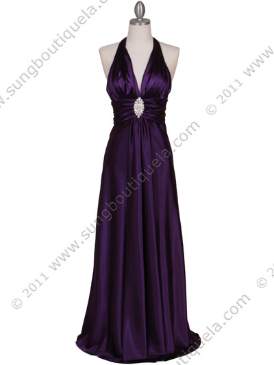 7122 Purple Satin Halter Evening Gown - Purple, Front View Medium