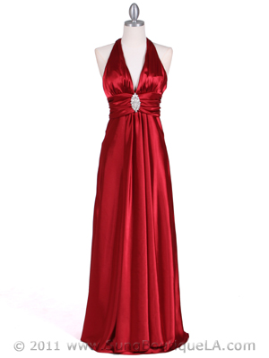 7122 Red Satin Halter Evening Gown, Red