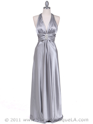 7122 Silver Satin Halter Evening Gown, Silver
