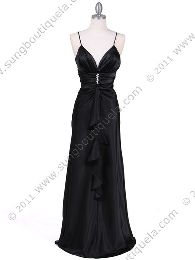 7123 Black Satin Evening Dress - Black, Front View Medium