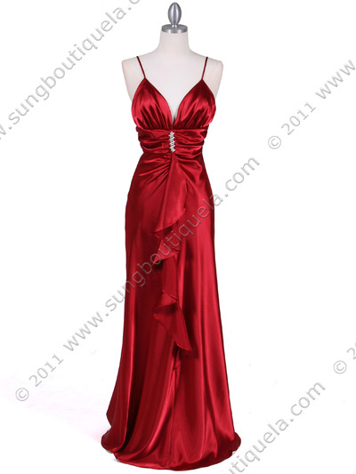 7123 Red Satin Evening Dress - Red, Front View Medium