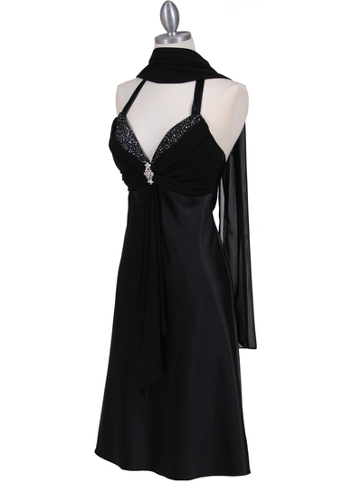 7129 Black Halter Cocktail Dress with Rhinestone Pin - Black, Alt View Medium