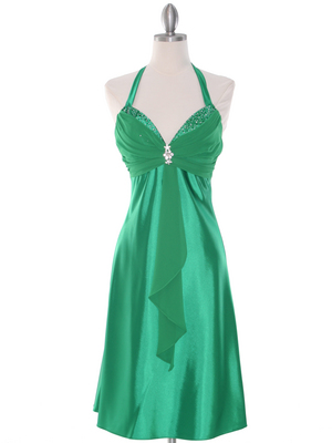 7129 Green Halter Cocktail Dress with Rhinestone Pin   , Green
