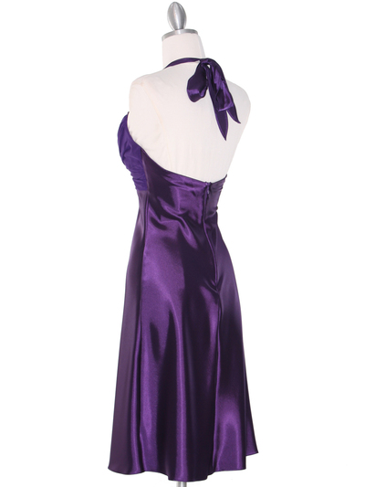 7129 Purple Halter Cocktail Dress with Rhinestone Pin    - Purple, Back View Medium