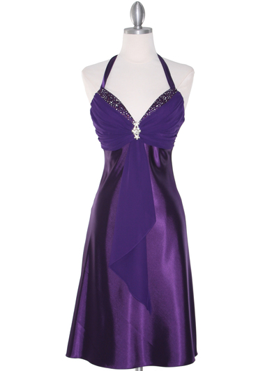 7129 Purple Halter Cocktail Dress with Rhinestone Pin    - Purple, Front View Medium
