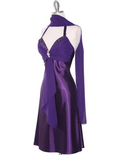 7129 Purple Halter Cocktail Dress with Rhinestone Pin    - Purple, Alt View Medium